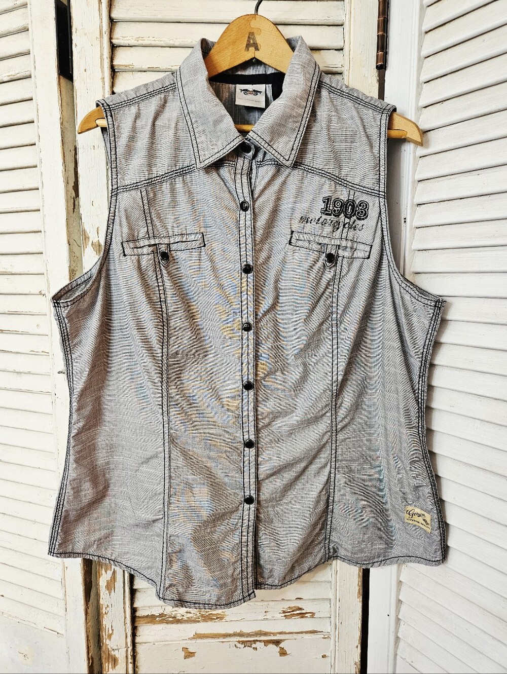 Harley-Davidson 100% Cotton Sleeveless Button Up Vest Top With Patches Grey XL